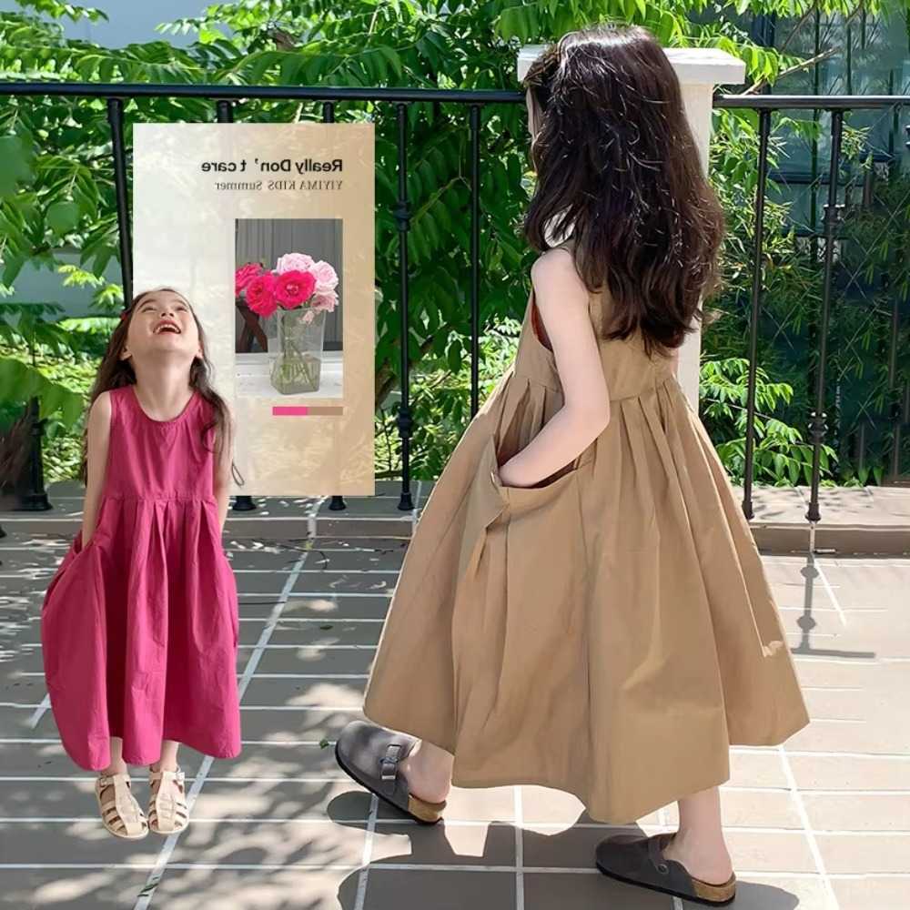 New 2026 Summer Children Girls Sleeveless Dress Teen Solid Color Cotton Loose Casual Sundress Kids Vation Style Princess Dress S261016MQGU