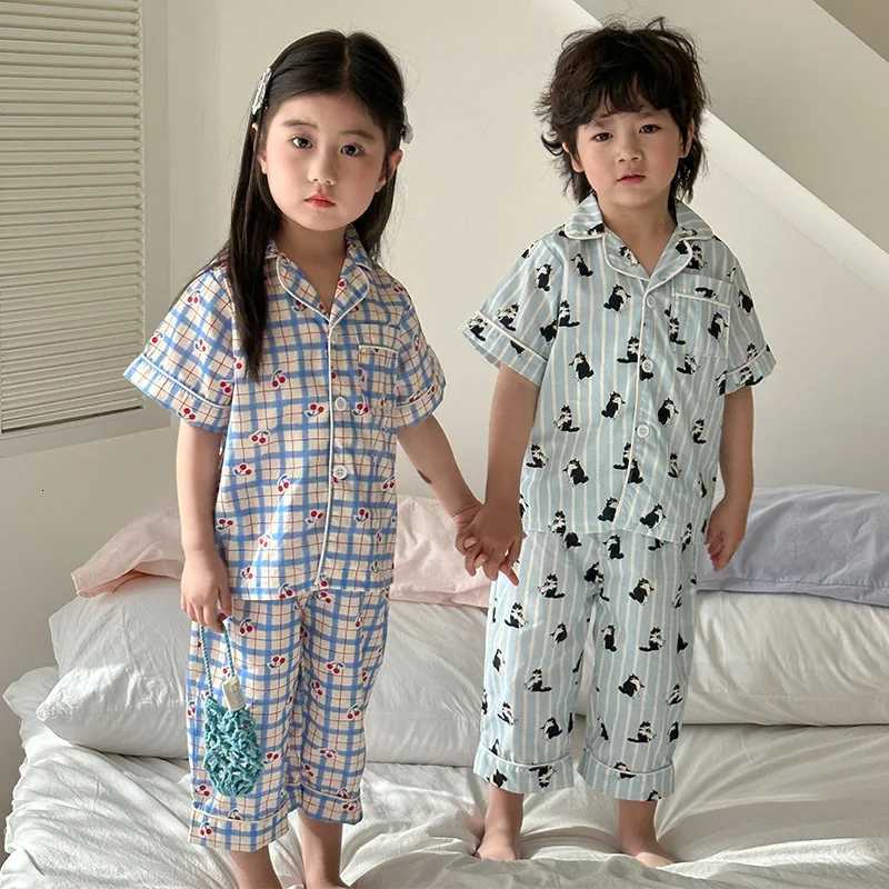 Pajamas Summer Kids Girls 2PCS Clothes Set Cotton Thin Plaid Turndown Collar T-shirts Pants Suit Children Baby Girl PajamasW261019