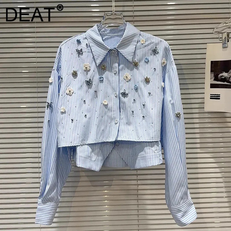 DEAT Item Niche n Rhinestone Bead Flower Two-piece Striped Shirt For Women Casual Single-breasted Blouse 11A03904 261015