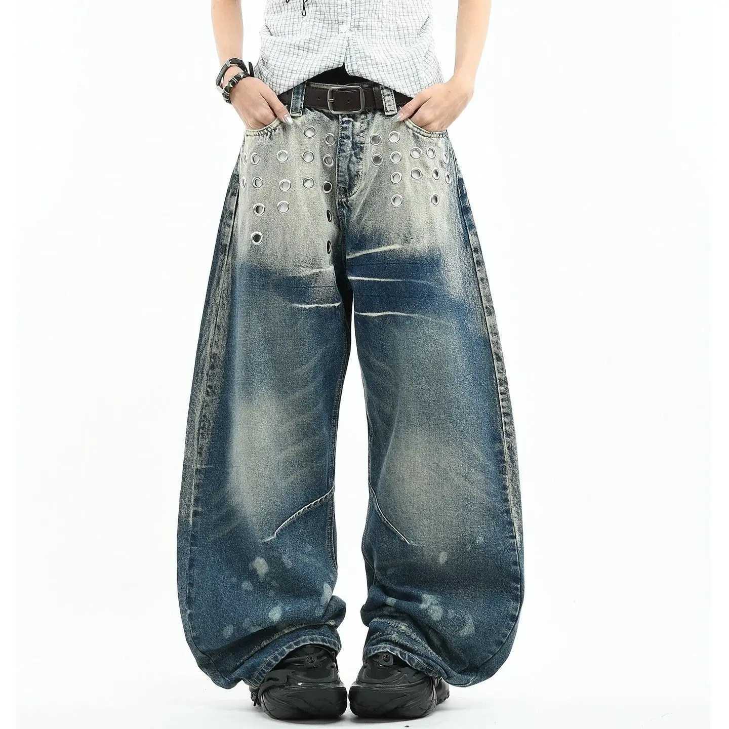 Men's Jeans Men's Hole Design Punk Style Jeans Casual Pants Wide Legs Y2k Sweatpants High Waist Denim TrousersT261016