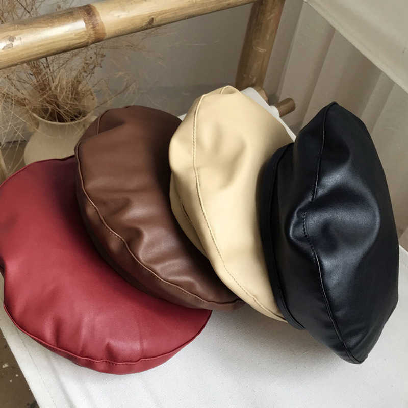 PU Vintage Leather Beret Hat Women Autumn Winter Warm Octagonal Cap Elegant Solid Color Female Lady Painters Caps S2610161XX9
