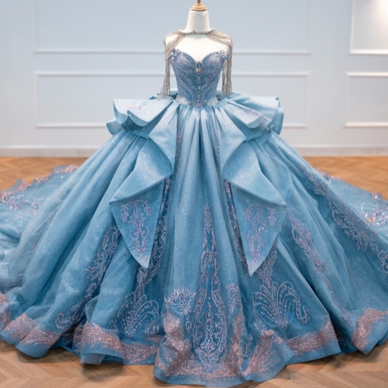 Blue Glitter Quinceanera Dresses Off Shoulder Ball Gown Sweet 16 Dress Applique Lace Beads Bow Tull Party Birthday vestidos 15 anos