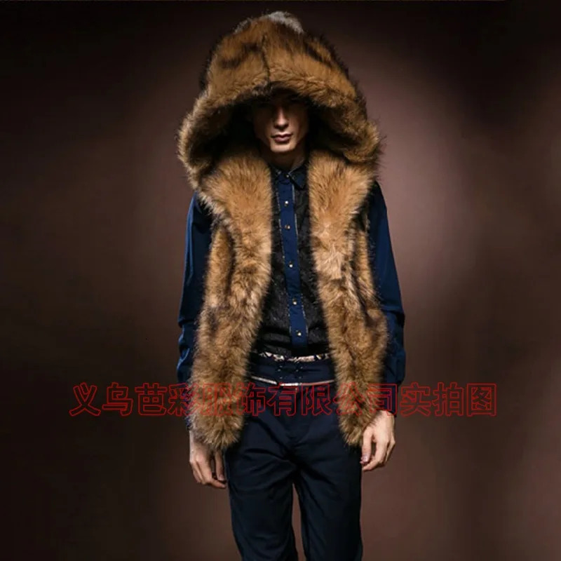 Men Faux Fur Coat Waistcoat Hooded Slim Short Sleeveless Comfortable Stylish Warm Jacket Winter 261012