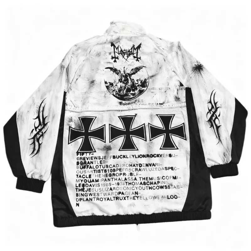 Punk Gothic Men's Harajuku Jackets Color Block Cross Anime Graphic Print Jacket Women New Oversized Distressed Washed Zip Up Streetwear Outfit