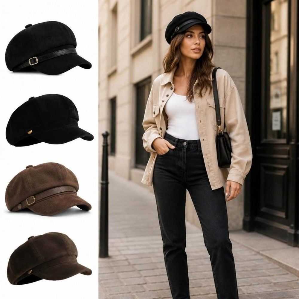 Newsboy Octagonal Cap British Style Leather Belt Decor Octagonal Beret Hat Short Brim Adjustable Strap Baker Boy Cap For Women S261016TLLP