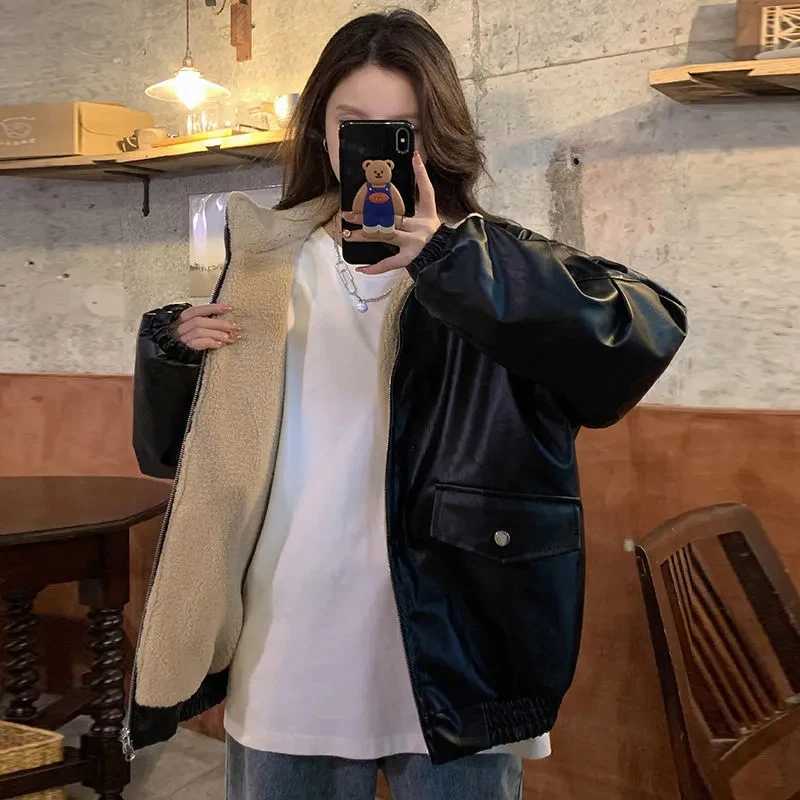 Women Reversible Brown Men's Jackets Pu Jacket Sherpa Lined Coat Zip Up Fleece Oversized Retro Moto Streetwear Y2K Winter Outerwear Top N261016
