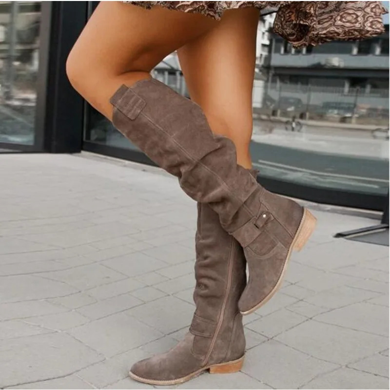 Autumn Winter Low Heel Side Zipper34-45 Suede Knee Women's Boots High Top Sleeve Pleated Round Toe Female Europe and America 261016