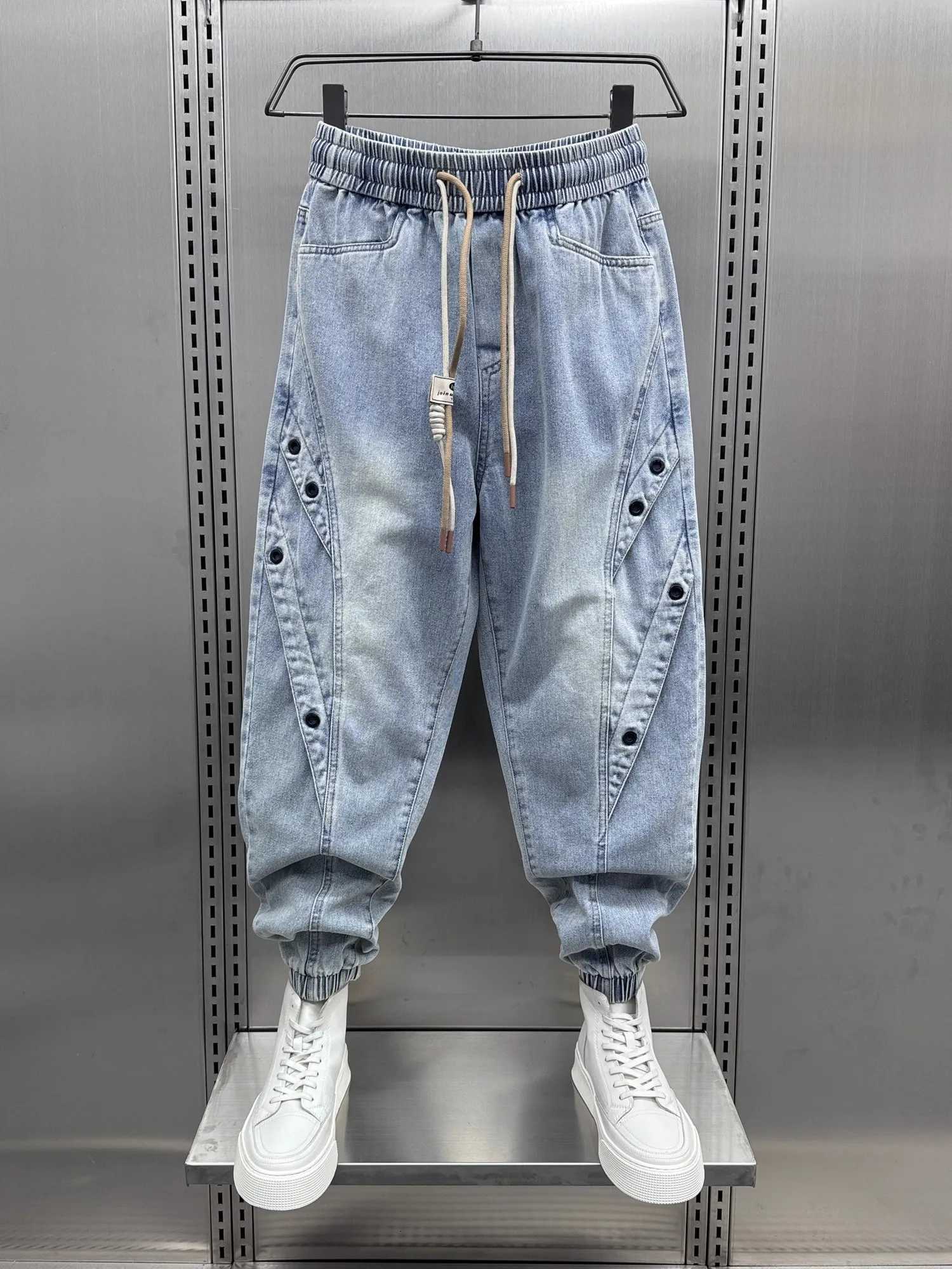 Men's Jeans Drawstring Retro Washed Loose Jeans Men's 2026 Spring Blue Harlan Pants Korean Handsome Leggings Denim TrousersT261016