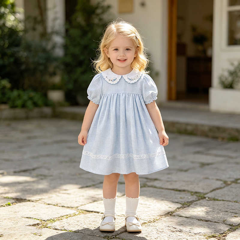 New 2026 Summer 2-6Yrs Short Sleeve Dress Floral Korean Version Sweet Grid Dress Embroidered Collar Girls Children Dress S26101643MK