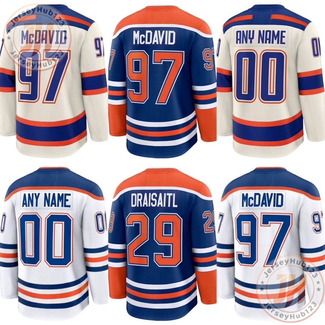 #97 Connor McDavid #29 Leon Draisaitl #14 Mattias Ekholm Men's Embroidery Ice Hockey Jersey Blue Orange Wholesale Hockey Uniform