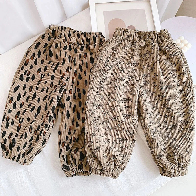 Spring Autumn Girls Korean Corduroy Floral Pants Thicken Fleece Warm Children Trousers Fashion Leopard Print Boys Pants Outwear261016