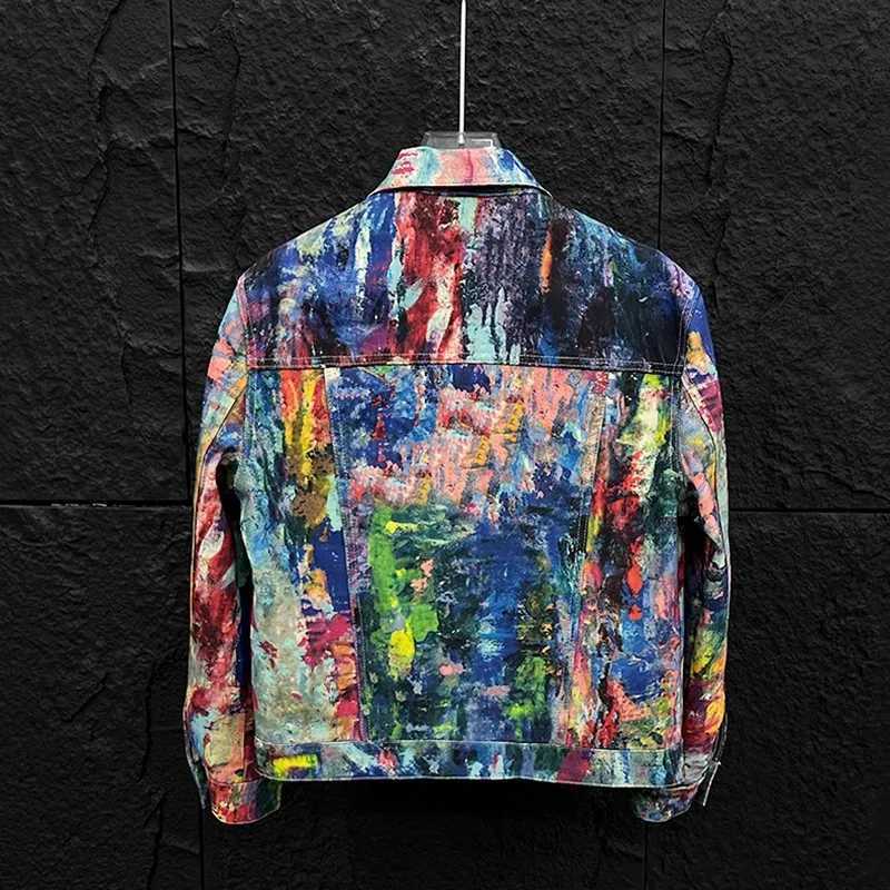 Jackets Plus Size Men's Men's Graffiti Art Denim Jacket Colorful Abstract Oil Painting Casual Streetwear Trucker Coat Hip Hop Outerwear N2