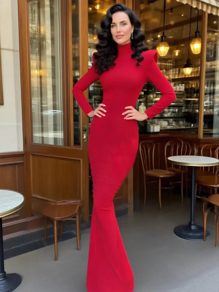 Sisterlinda Ruched Elegant Maxi Dress Women Turtleneck Full Sleeve Backless Skinny Stretch Daily Fashion Casual Simple Vestidos 261015