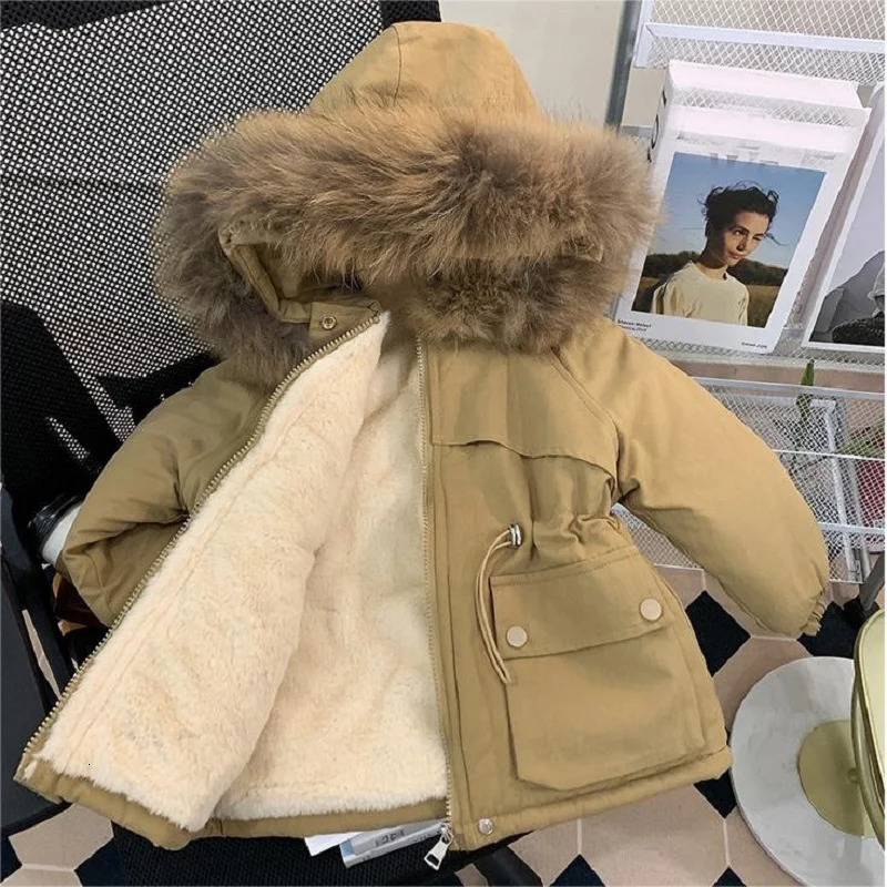 Girls outerwear with plush cotton jacket for winter skiing and outdoor activities girls solid color hooded thick coat 261016