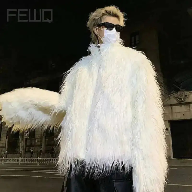 FEWQ Men's Fur Clothing Cotton Jacket Fashion Solid Color 2026 Autumn Winter Trendy Menwear Stand Collar Loose Top 9C3655 261012