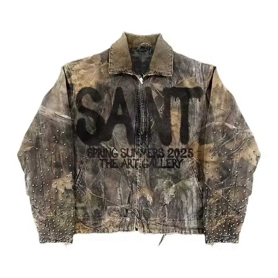 Jackets Mens Womens Camo Men's Studded Jacket Letter Heavy Print Distressed Detail Streetwear Casual Fashion Coat Top Loose Fit Soft Y2K N26101