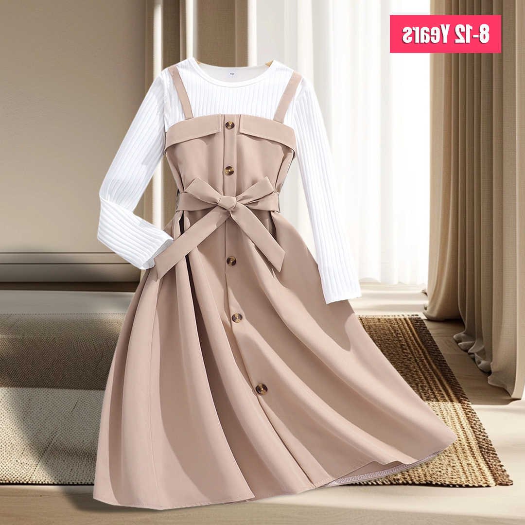Dress New for Teens Girls 8-12Yrs Autumn Winter Belt Button Khaki Children Dress Soft Sweet Warm Vintage Teens Girls Clothing S261016PXCM