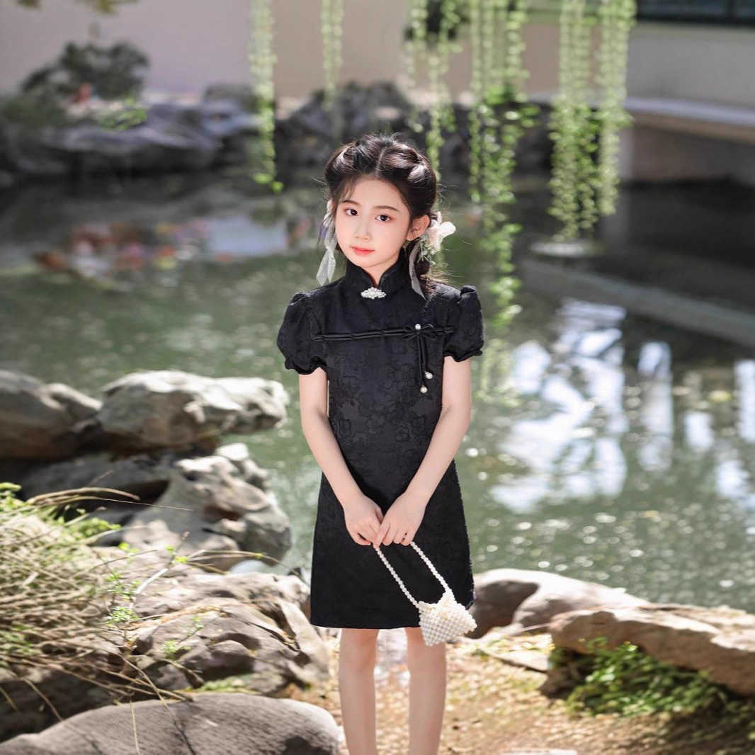 summer 2026 Kids Girls pearl chinese black Cheongsam Qipao Princess Teenager New Year Dress puff sleeve 4 7 8 9 10 12 14 Years S261016ZQA9
