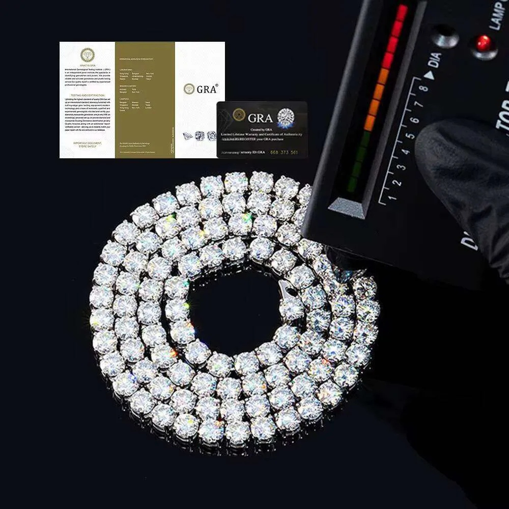 2mm 3mm 4mm 5mm VVS Moissanite Tennis Chain Sterling Sier White Gold Plated Jewelry Bracelet Necklace for Women and Men