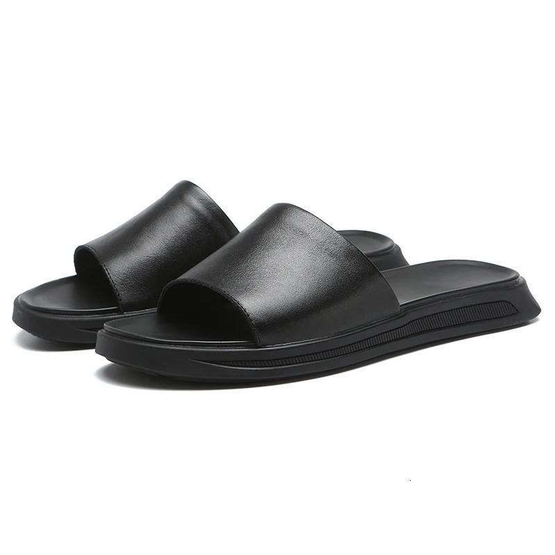 Men's Spring Summer Leather Slippers Breathable Outdoor Beach Shoes Black Sandals Casual Flip Flops Beach Shoes Men 261016