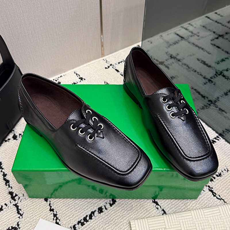 Luxury Ladies Square Toe Lace Up Flat Shoes Multi Functional Anti Slip Sole Minimalist Style Low Top Single Shoes Single Color Casual Leather Shoes