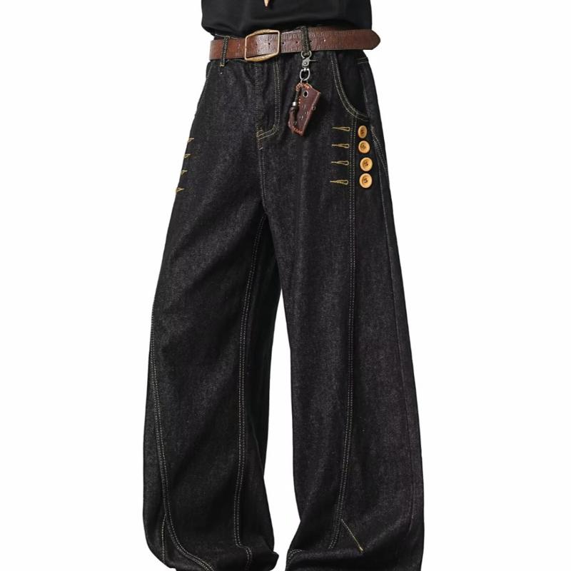 Men's American Retro Washed Button Fly Jeans Loose Wide Leg Straight Casual Summer Denim Pants Black Streetwear