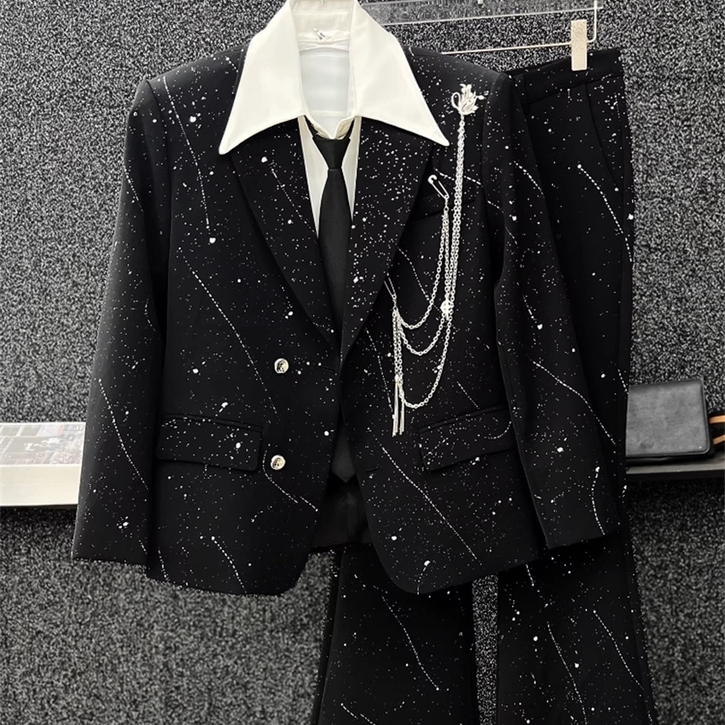 Mens Autumn Highend Starry Sky Rhinestone Suit Sets Loose Comfort Metal Chain Blazers Jacket Flared Pants 261015