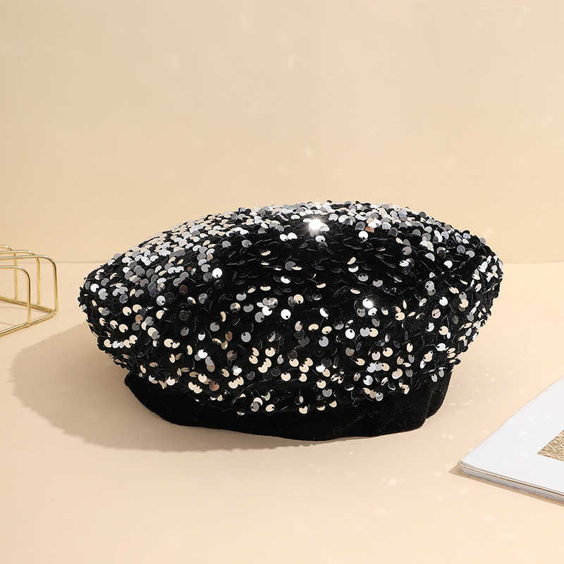 new A retro and versatile sparkling sequined velvet beret in Korean style a trendy and fashionable flat-topped painter hat S261016EZW3