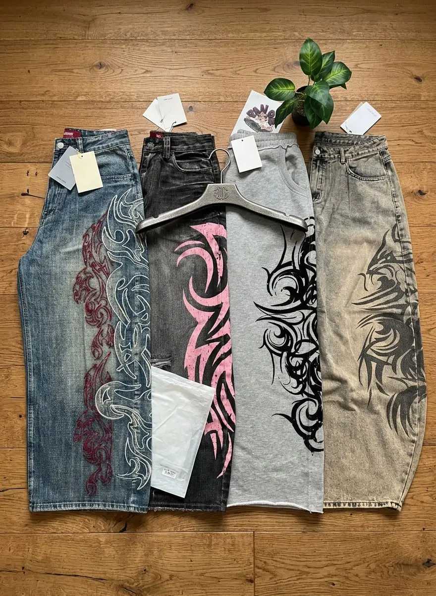 Men's Jeans Gray Flame Loose Jeans Hip Hop Harajuku Casual Washed Distressed Straight American Vintage Y2K Streetwear Floor Mopping PantsT26101