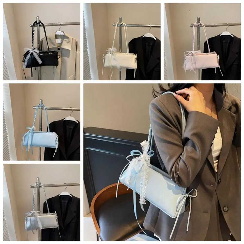 Totes Solid Color French Stick Handbag High Quality Bow Ribbon Silver PU Shoulder Bag Y2K Korean Style Cylinder Underarm Bags Travel X261016