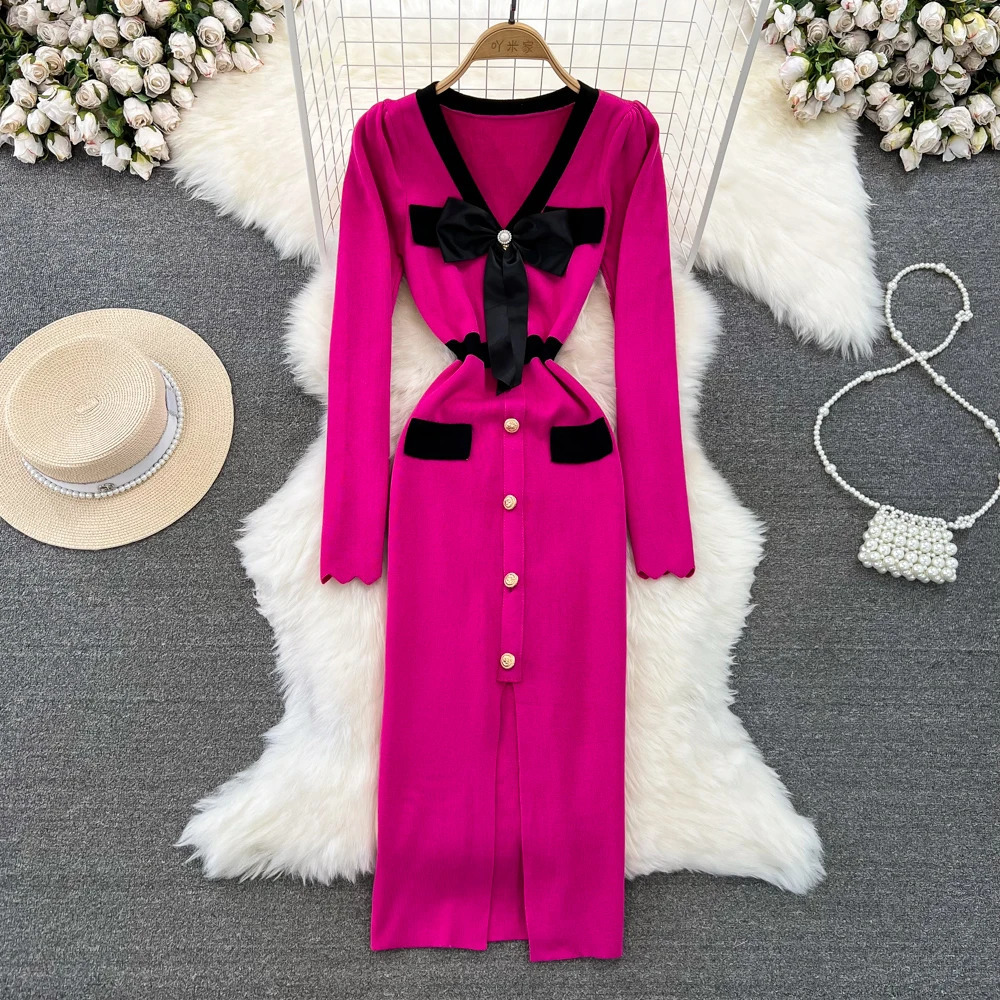 Women Elegant Butterfly Long Sleeve Bodycon V Neck Split Dress Vintage French Slim Knit Tight Vestido Autumn Winter Sweater Robe 261015