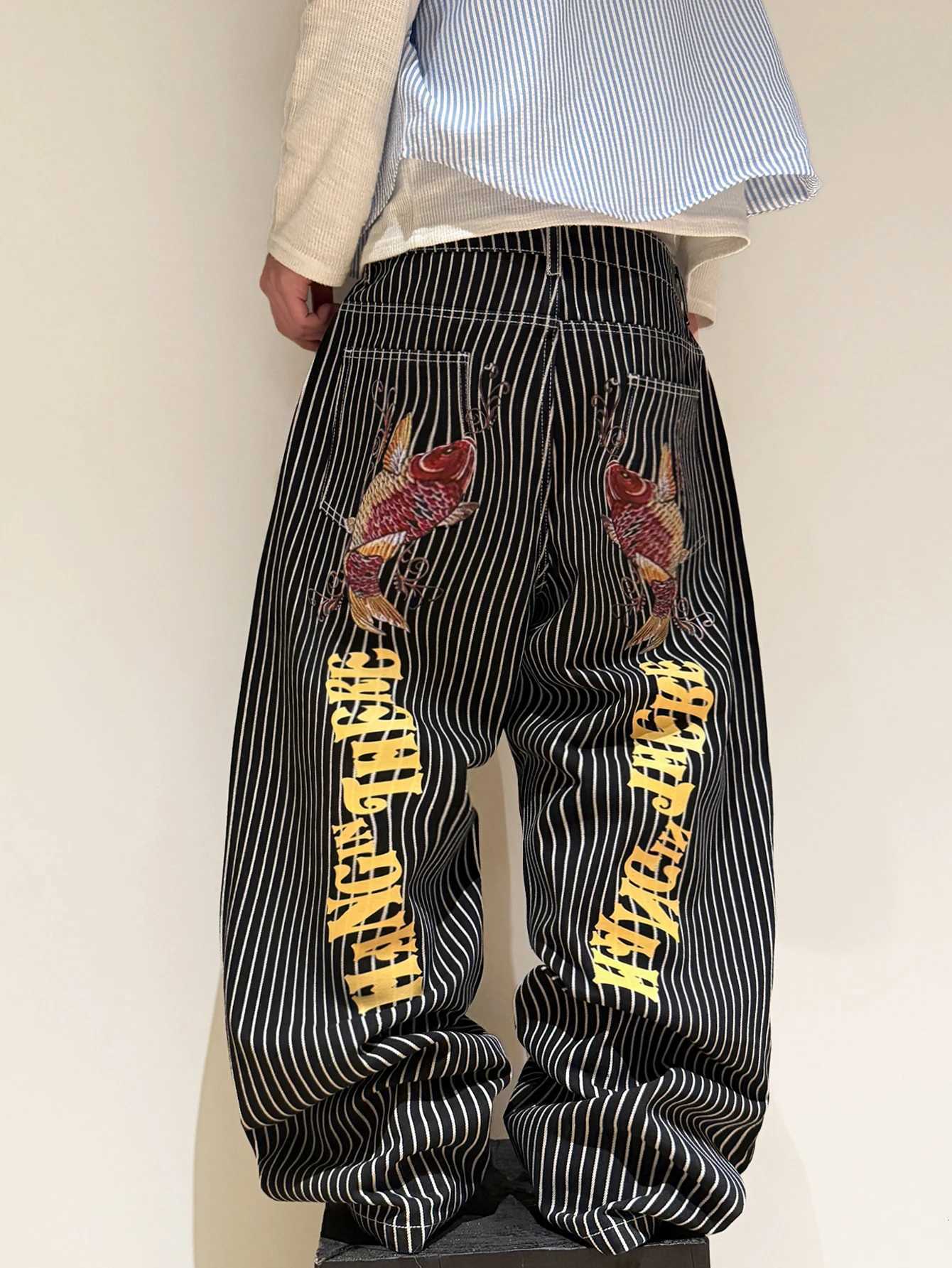 Men's Jeans Men'S Jeans Trendy Y2K Black And White Striped Baggy Wide Pants Stylish Koi Embroidered Men'S Trousers All SeasonsT261016