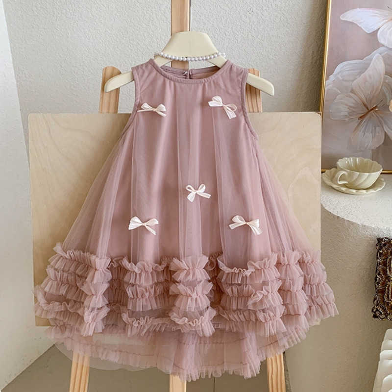 Teens 1-10Y Kids Dresses for Princess Girls Sleeveless Three-dimensional Bow Mesh Lace Dress Elegant Children's Summer Clothing S261016LSR2