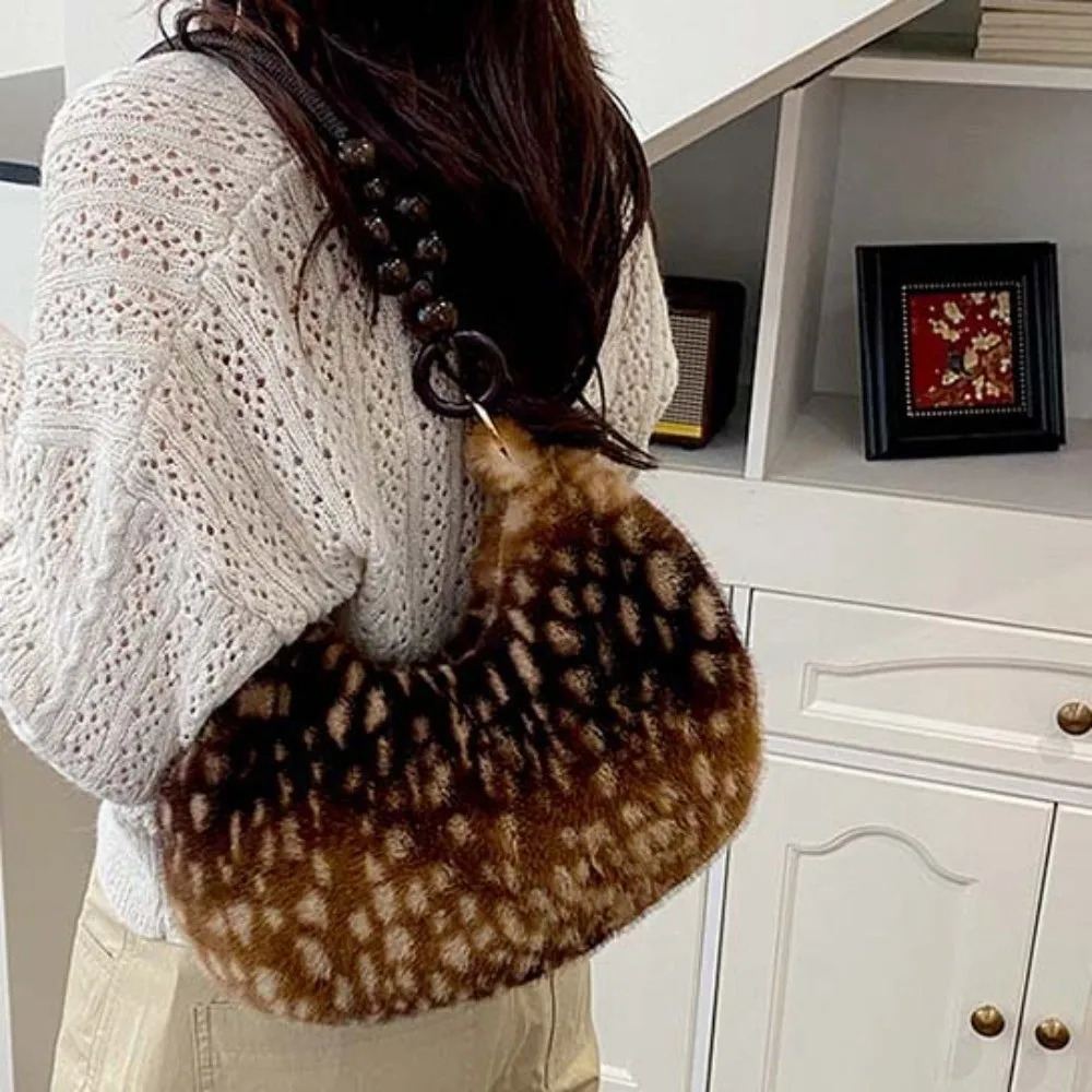 Hobo Bag Deer Print Crescent Bag Wooden Beads Large Capacity Handbag Soft Half Moon Faux Fur Tote Commuting 261016