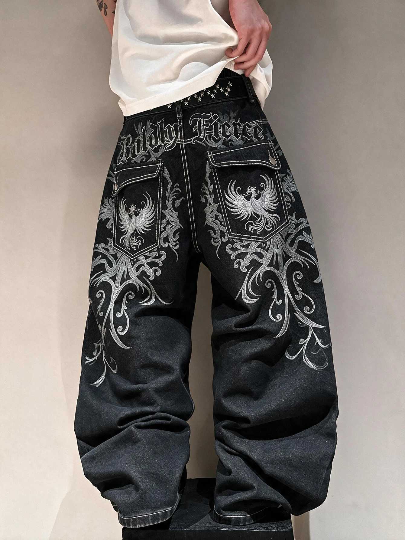 Men's Jeans Retro High Quality Heavy Embroidered Black Baggy Jeans Men Y2K Street Hip Hop Skateboard Style Fashion Versatile Wide Leg PantsT261