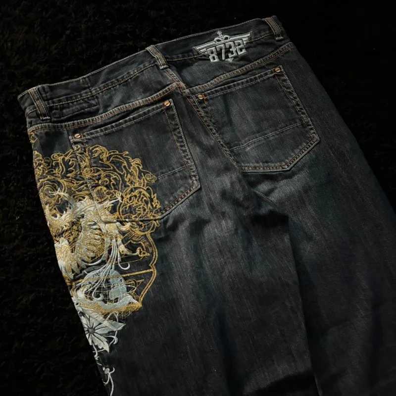 Men's Jeans American New Fashion Oversize Pattern Embroidered Baggy Jeans Men Y2K Gothic Harajuku Hip Hop Straight High Waist Wide Leg PantsT26
