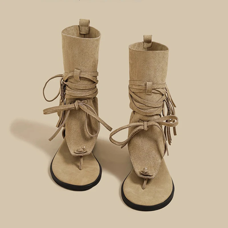 Women Gladiator Fringe Ankle Sandals Boots Suede Open Toe Lace Up Flat Bohemian Casual Summer Thong Sandals Shoes For Ladies 261016