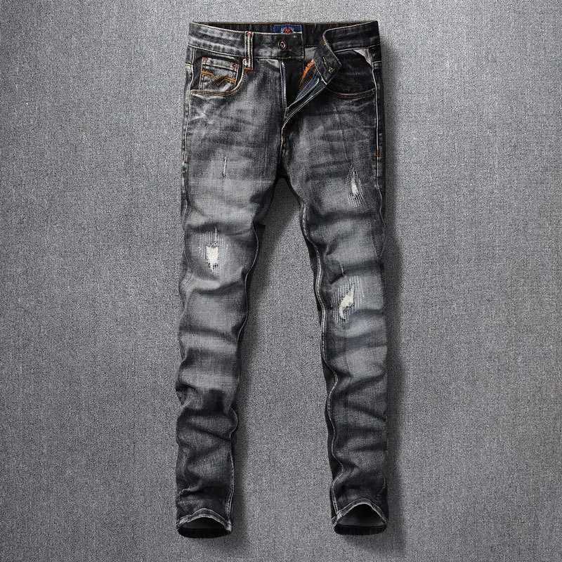 Men's Jeans Designer Fashion New Men's Jeans Stretch Slim Fit Retro Light Grey Patchwork White Patch Jeans High Street Chic Brand Pants Ho