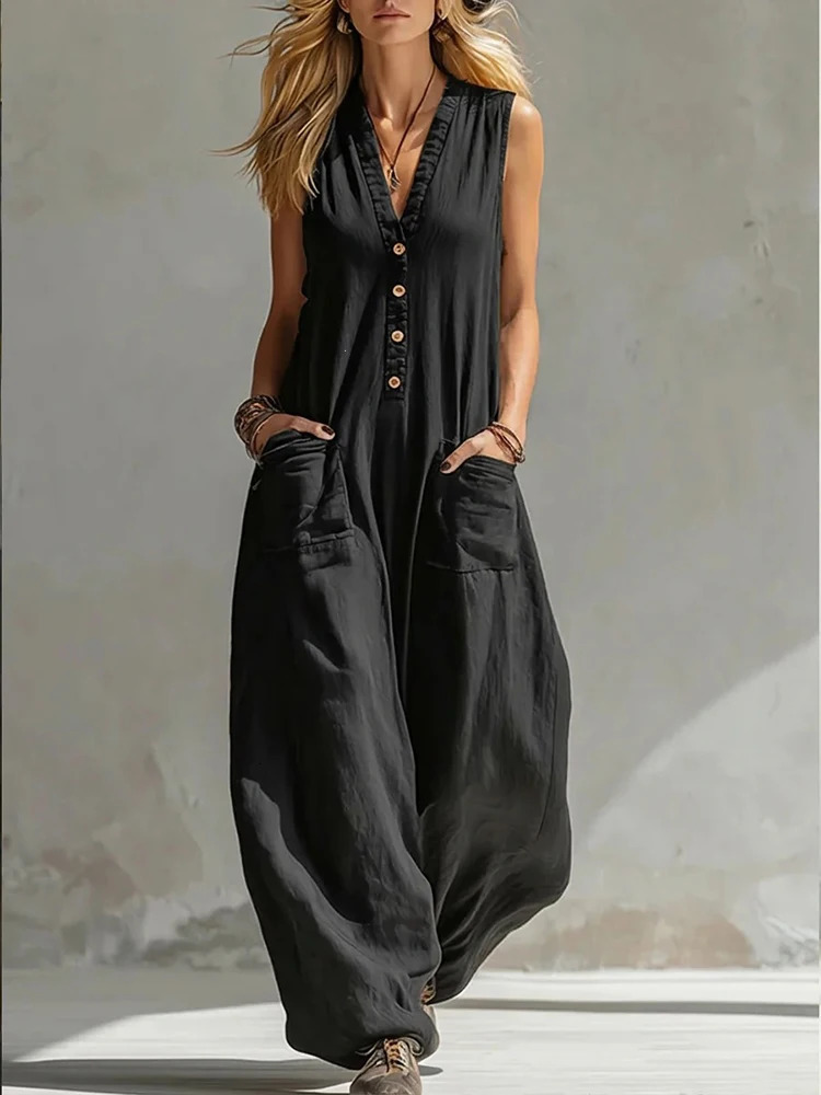 Women Casual Sleeveless V Neck Jumpsuit Button Wide Leg Cotton Linen Long Pants Romper Loose Baggy Summer Streetwear Outfits 261015