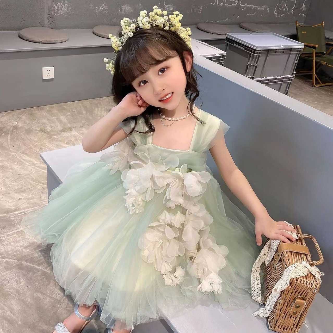 Dress Girls 2024 Summer New Green Sweet Beautiful Cute Gentle Fashionable Little Girl Princess Dress Baby Girl Dress S2610168DF0