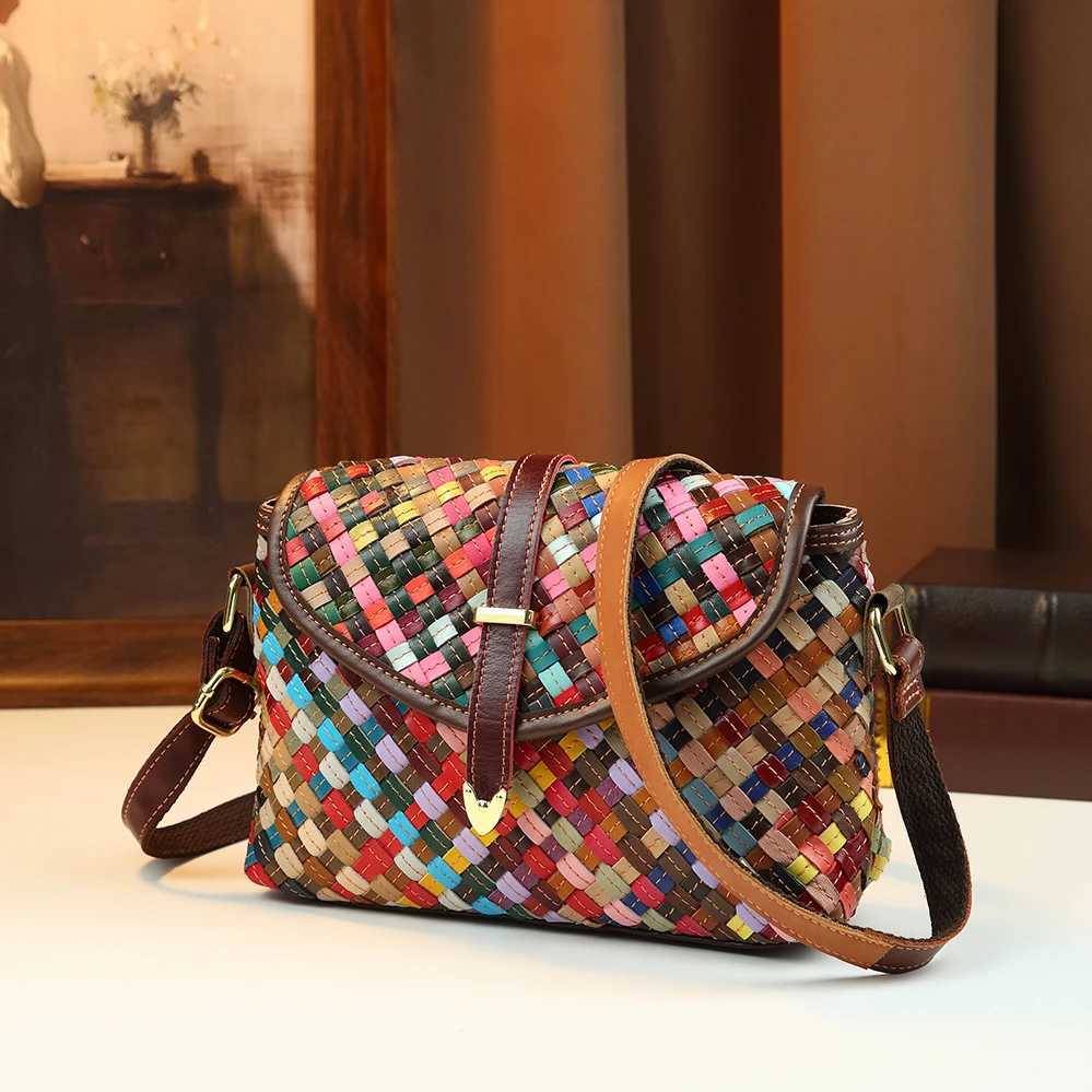 Shoulder Bags Crossbody Bag Bohemian Rainbow Woven Bag Hand Woven Genuine Leather Women's Bag Ethnic Style Contrasting Single Shoulder Bag H261