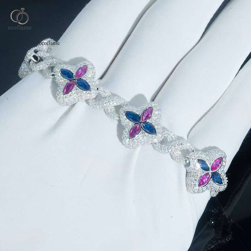 Vvs Iced Out Moissanite Blue Flower Baguette Cuban Chain Hip-Hop Bracelet Gold and Sier Premium Jewelry for Men