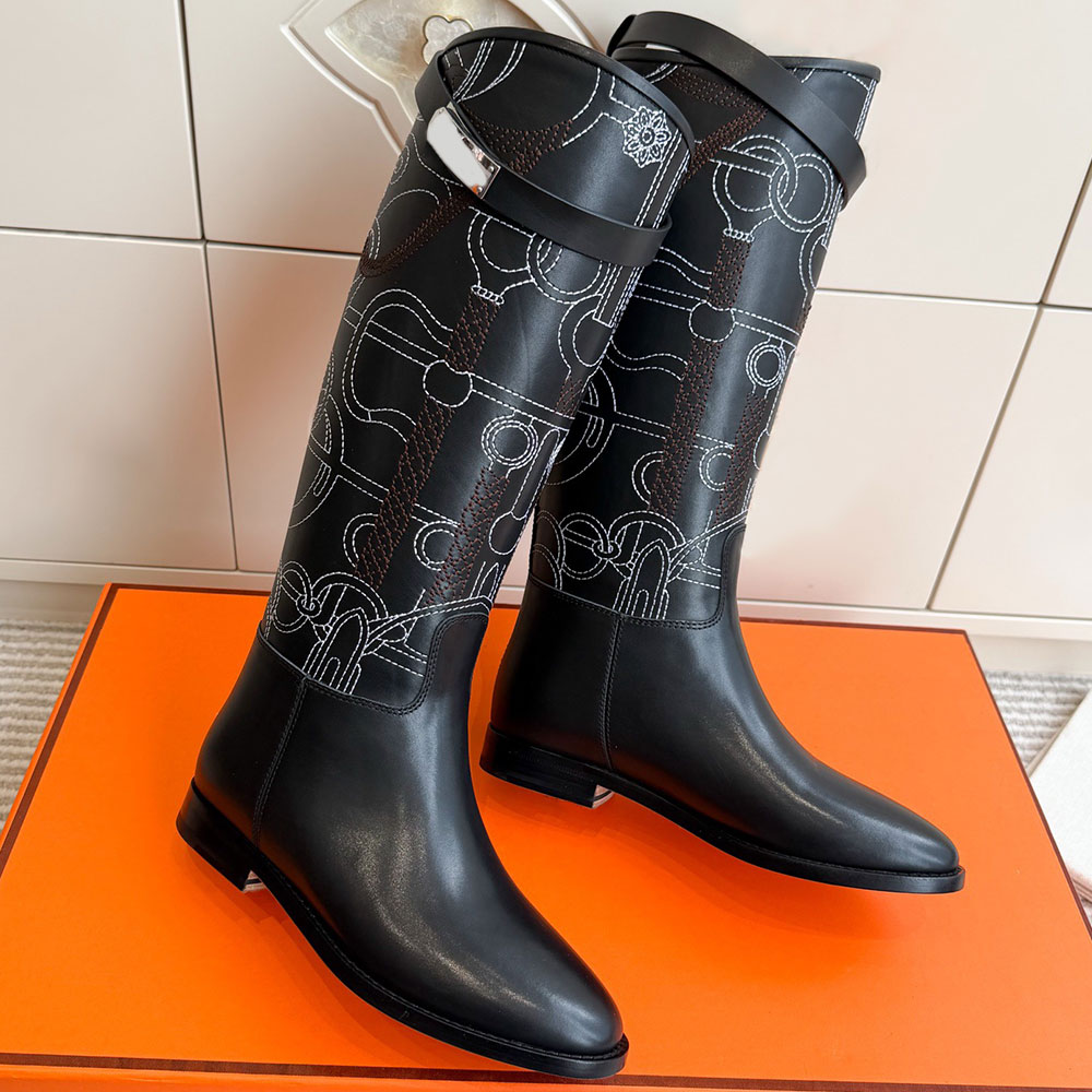 Jumping Boot Womens Designer Knee High Boots H252158Z Black Embroidered Calfskin Boot Refined Equestrian Boots Fashion Classic Knight Boot Leather L