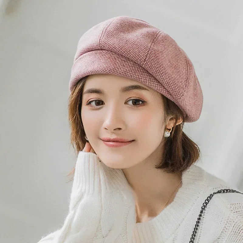 Simple 2024 Women Wool Beret for Elegant Lady Winter Female Cotton Hats Plaid Vintage Octagonal Casual Autumn Cap S261016Z5LR