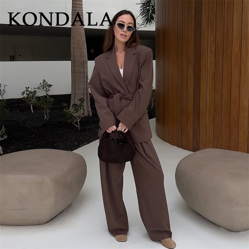 KONDALA 2026 Spring Office Lady Elegant Brown Women Suit Fashion Casual Sashes Oversized Shrug Blazer Chic Zipper Long Pant 261015