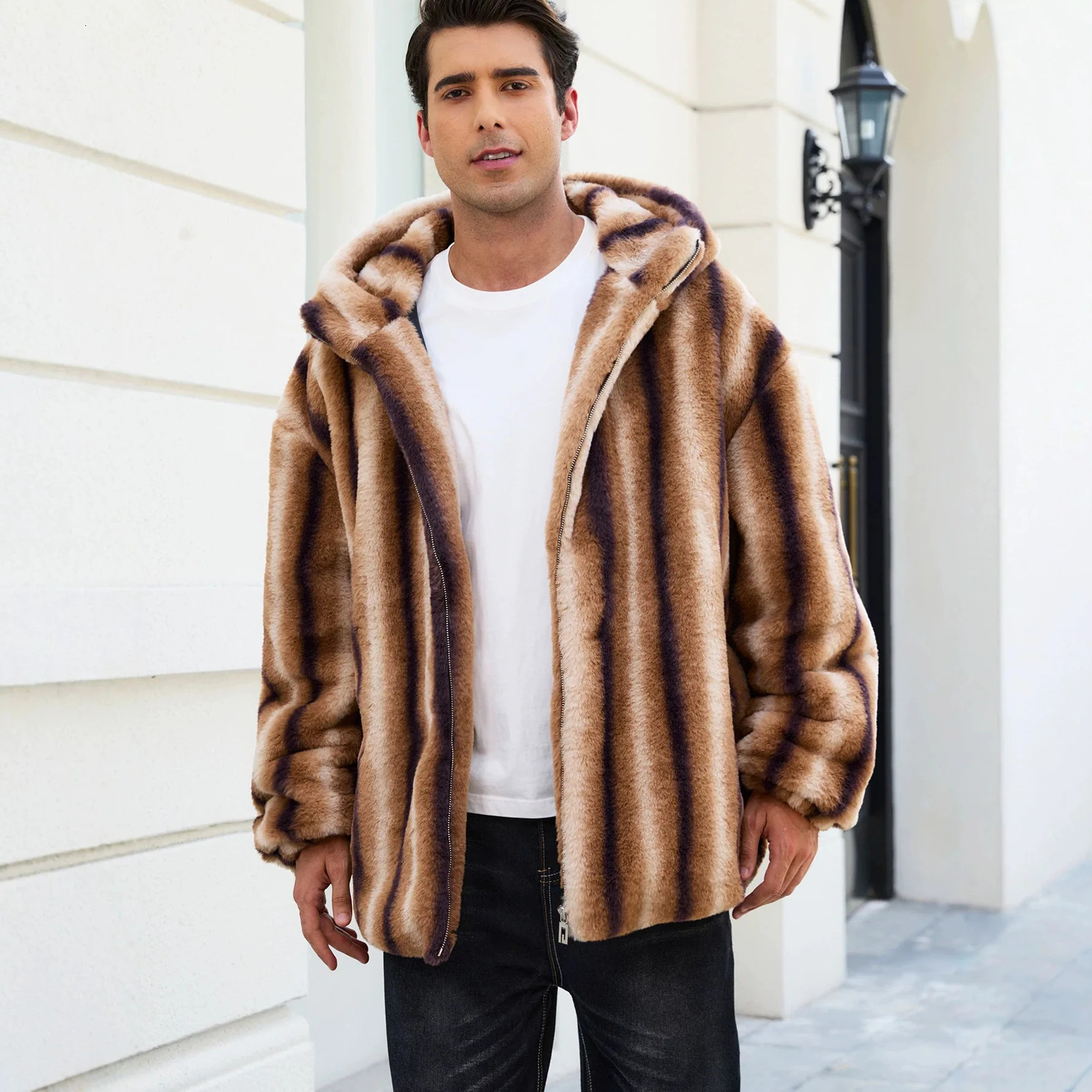 Hooded Coats Men Mixed Faux Rabbit Fur Jackets Work Casual Coat Thick Warm Y2k Streetwear Zipper Outerwear 2026 Autumn Winter 261012
