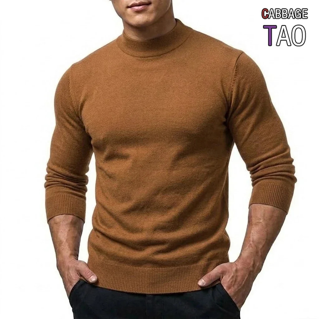 Autumn Mens Knit Mock Neck Jumper Long Sleeve Relaxed Pullover Slim Fit Plain Thermal High Sweaters Winter Apparel for Male 261009