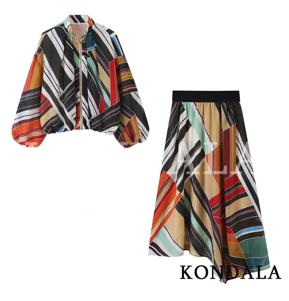 KONDALA Women Chic Irregular Stripes Skirt Suit Loose Zipup Jacket Midi Skirt 2026 Summer Early Fall Trendy Holiday Jacket Set 261016