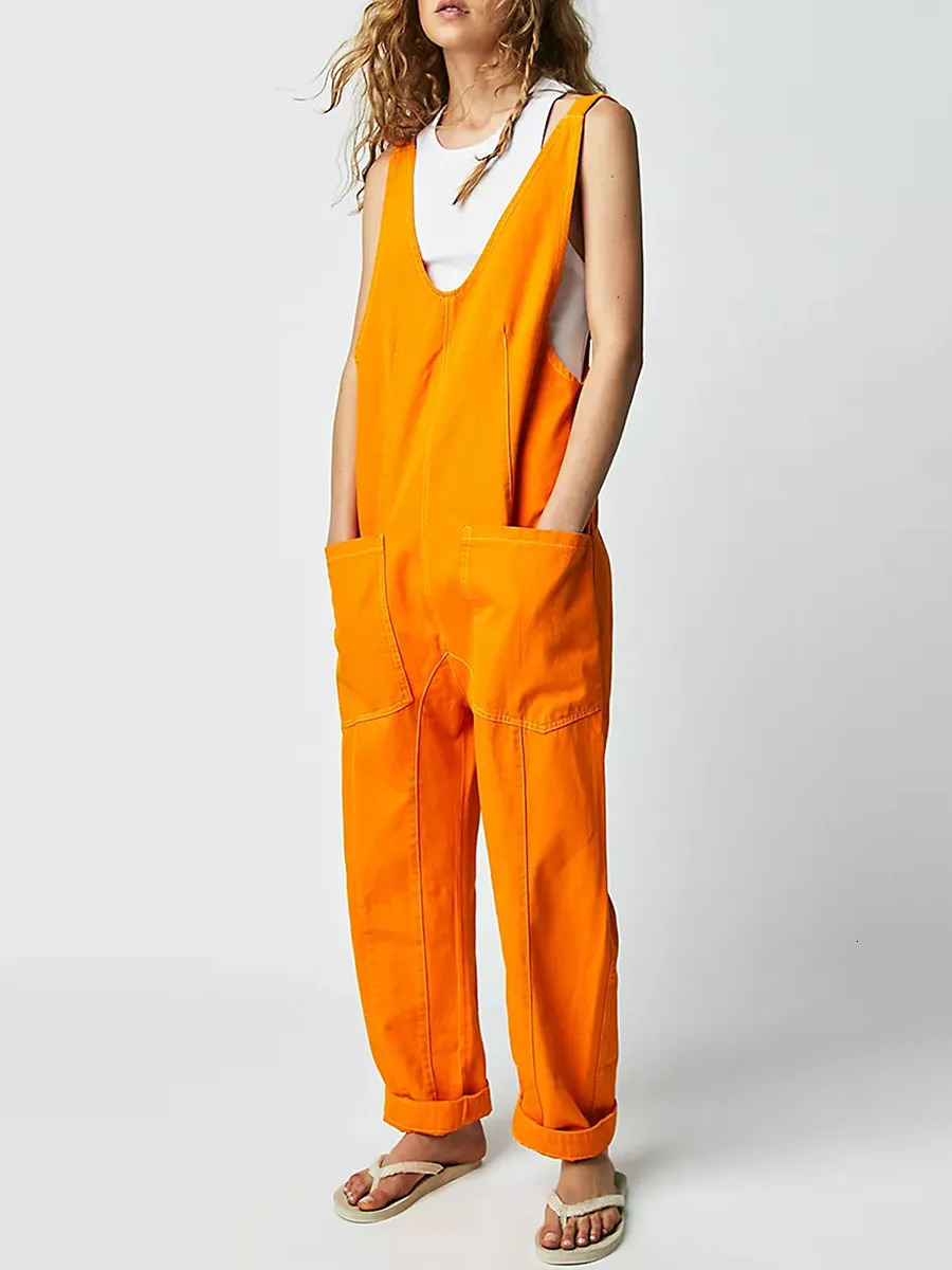 Y2k Women's Clothing Solid Color V Neck Overall Jumpsuit Casual Straight Leg With Pockets Sleeveless Halloween 261015