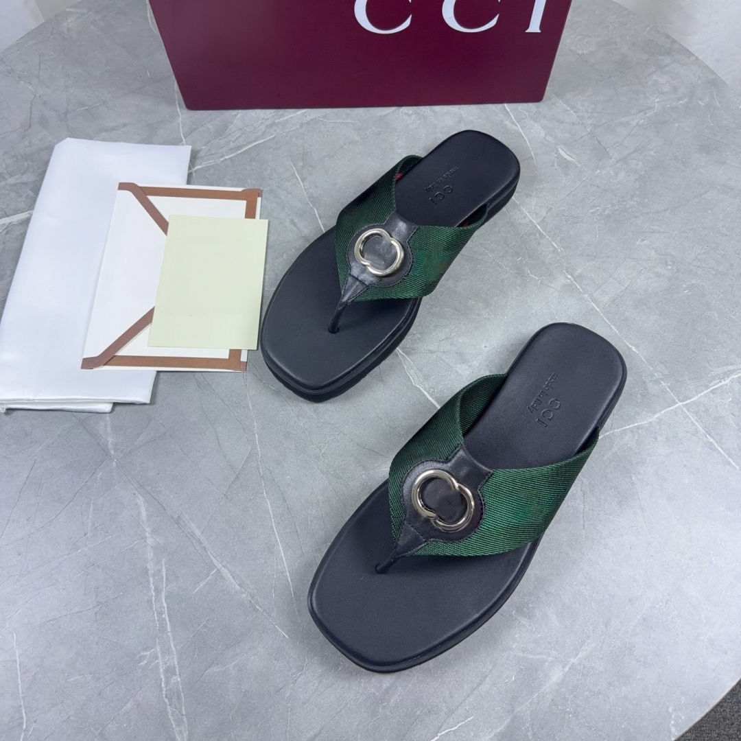 Designer Flip Flops Men Green Red Web Stripe Thong Sandals Summer Double Metal Buckle Wide Strap Luxurys women Slide Slippers Soft Flat Bottom Beach